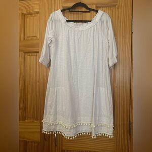 White Boho Dress with Pom Pom Trim